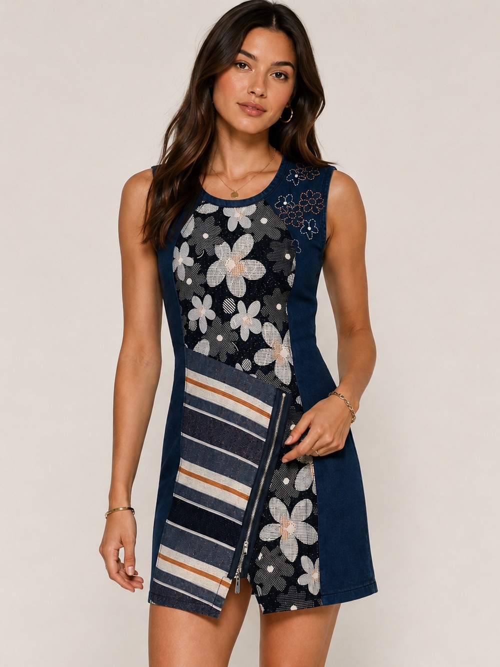 Desigual No Sleep Denim Patchwork Floral Mini Dress Size 40 - US 6